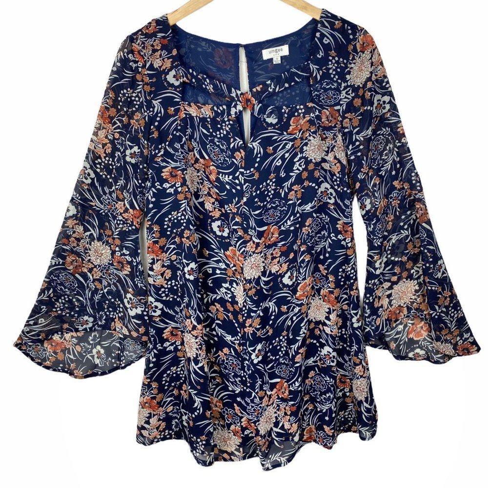 Umgee Boho Blue Bell Sleeve Floral Chiffon Dress